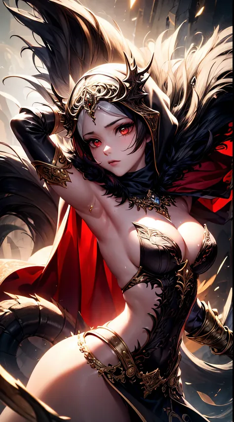 master piece, bokeh, best quality, photorealistic, ultra high resolution, 1 mature female, ultra detailed closeup portrait,

desert queen, (black hijab, red fur cloak:1.2), black dress, dragon bone armor, intricate silver embroidery,

beautiful red eyes, (...