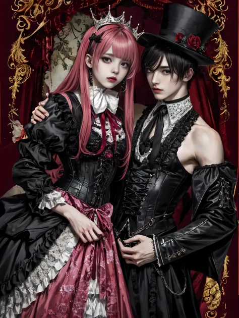 the male figure, dons an intricate visual kei gothic lolita ensemble,gothic makeup, a striking blend of elegance and rebellion. ...