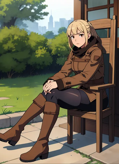 Arafe is sitting on a chair with his legs crossed and his hands on his knees., look down,Wearing Brown boots, high boots, Brown:-2, riding boots, rain, wearing boots, huge boots, Brownのブーツ, ニーhigh boots, Knee-high boots, Also, she wears boots,Boot sole,ニーh...