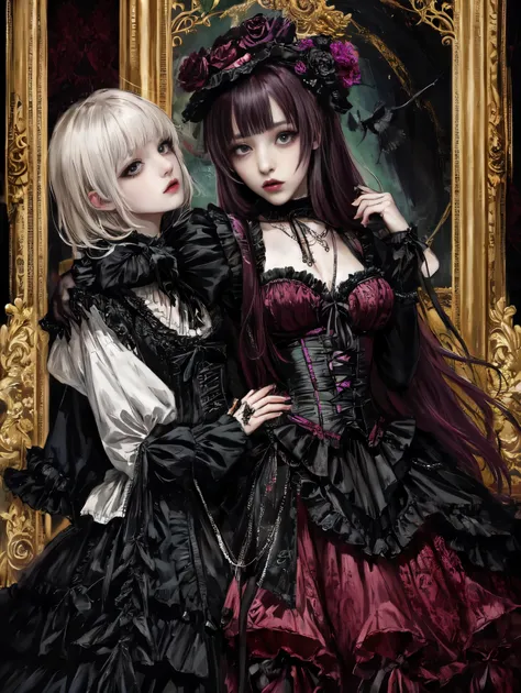 the female figure, dons an intricate visual kei gothic lolita ensemble,gothic makeup, a striking blend of elegance and rebellion...