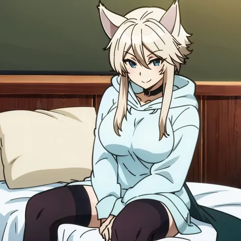 zeta, big hoodie, black thigh highs, holding blanket, cat ears, sitting on bed, smiling