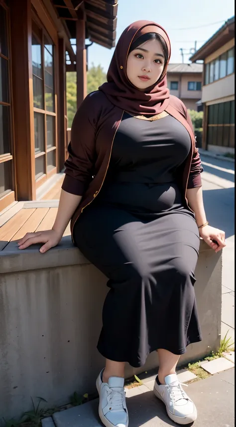 there is a woman sitting down with a longest brown hijab, bbwchan, thicc, brown hijab outfit, brown hijab fashion model, korean ...