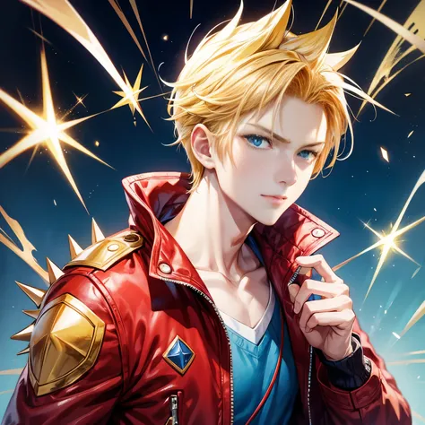 anime, a young man, yellow spiky upward hair, (Blue eyes), red jacket white shirt