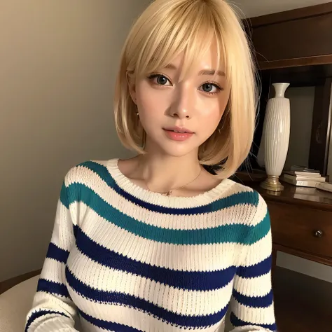 730717681 Only one woman, alone, blonde、Shining beautiful skin、big breasts、outstanding style, striped knitwear, 