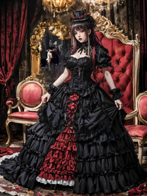 The female figure, dons an intricate visual kei gothic lolita ensemble,gothic makeup, a striking blend of elegance and rebellion. His outfit features a decadent mix of lace, corsets, and elaborate accessories, A Victorian-inspired top hat crowns his head, ...