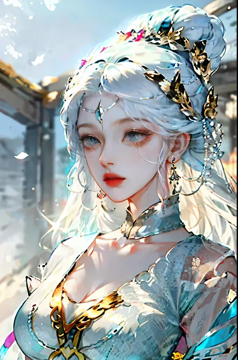 ancient wind，teens girl，big breasts beautiful，Perfect eyes，Smooth white hair，Gentle powder wraps eyes，Exquisite antique headdress