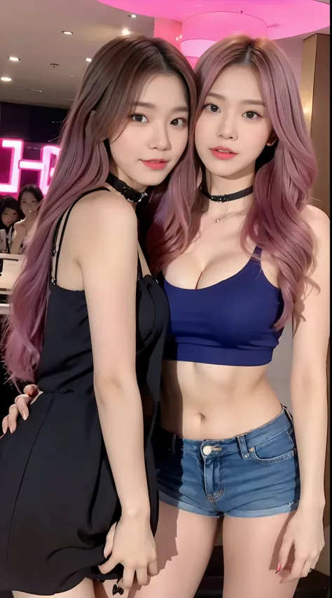 A pair of twins，Cute Korean singer girl，Take photos at night，The background is the hotel，Two girls having love in bed，lying on stomach，Wear black underwear，Cute real girl with big breasts，Dew，pink neon hair and pink neon hair，erogenous，Realistic Korean gir...