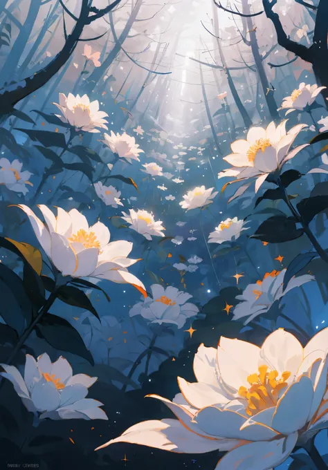 A vacant lot，Flowers grow in open spaces，In the distance is a dark forest，The flowers are bright，light sparkles，Clear skies change from above to dark skies，Look at the camera from below，Dark lighting，volume illumination，super-detail，Environmental details，h...