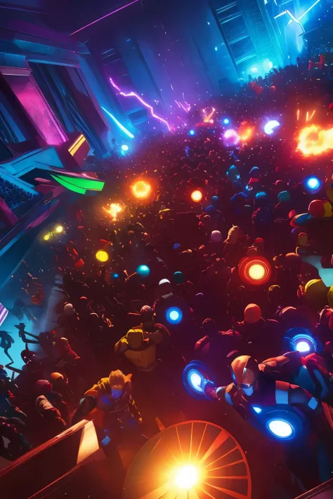 all marvel characters in a rave in the top of the stark building best quality 4k realistic avengers
