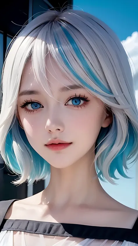 ((beautiful and delicate face)),((colored hair)),((striped hair)),(blue eyes),(colored eyes)))),(white cloud background))),(high...