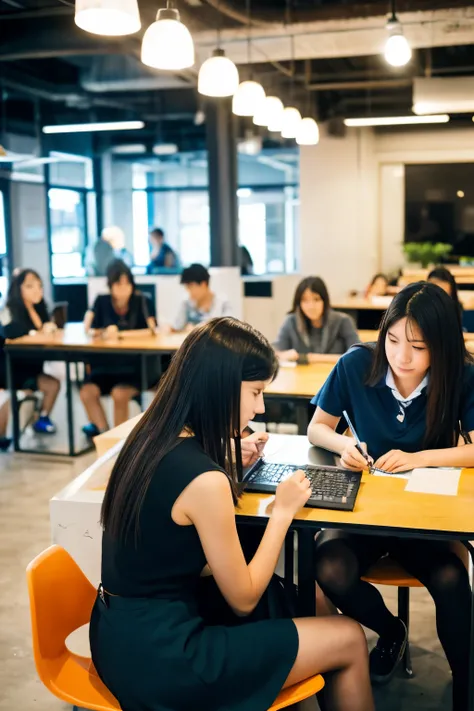 Mother and high school girl working on a computer in a coworking space