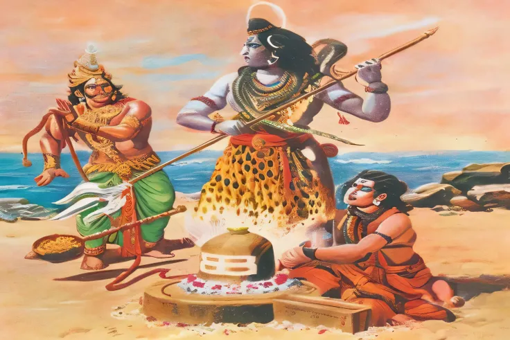 there are two men that are cooking food on the beach, from ramayan, hindu gods, god shiva the destroyer, shiva, lord shiva, vishnu, submerged temple ritual scene, hindu art, hinduism, ceremonial ritual, puṣkaracūḍa, inspired by Ram Chandra Shukla, hindu go...