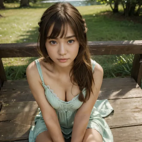 (((​masterpiece))), top-quality, Extremely detailed, Detailed background, 
birds eye view, 18mm wide lens, long shot, A bench by a quiet lake in the forest, sitting, Very beautiful girl, japanese, 12 yo,  Detailed face, bangs, (Full body:1.3), (random hair...