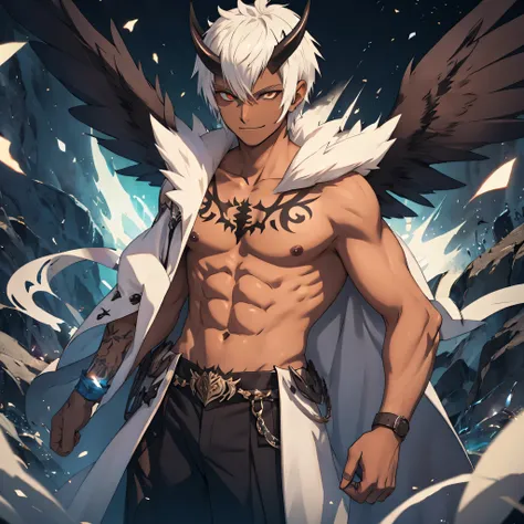 dark skinned male, horns, large black wings, dark magic. tattoos, evil smile