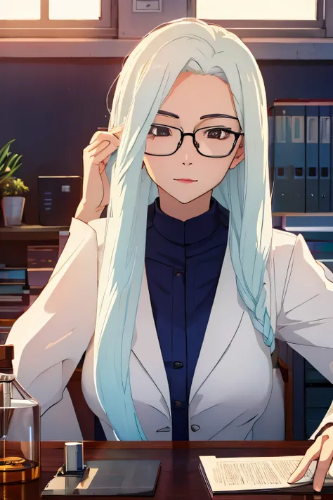 mature woman, glasses, scientist outfit, long hair