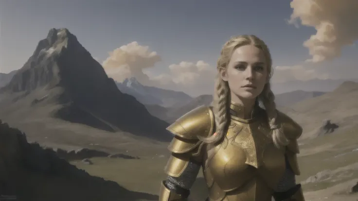 An official art masterpiece in 8k resolution, featuring a beautiful blonde girl in ultra-detailed golden plate armors, standing triumphantly on a mountain top. The scene exudes high quality and best quality aesthetics, with a breathtakingly beautiful and a...