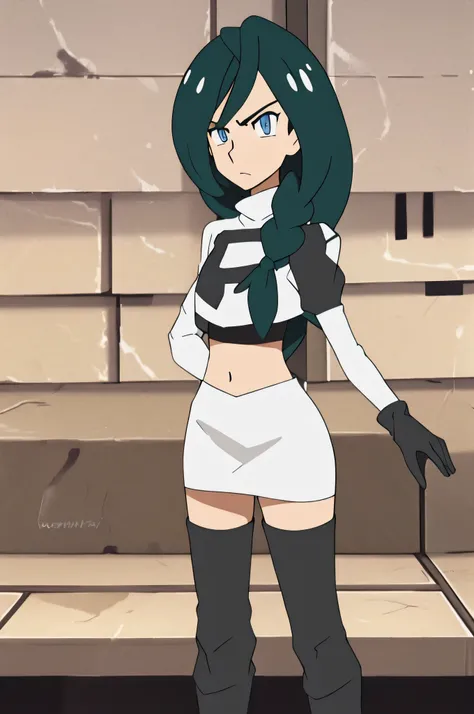 team rocket uniform, red letter r, white skirt, white crop top, black thigh-high boots, black elbow gloves, glaring angrily, looking at viewer, hands on hips, zettai ryouiki