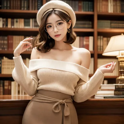 ((highest quality、8K resolution、master masterpiece、professional photography))、one beautiful woman、Elegant and luxurious library、spacious and elegant library、Perfectly reproduces a highly realistic and detailed library background、very classy library、(Compos...