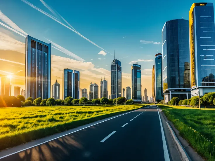 city with technologic high buildings, blue sky, yellow sun light, car road between green grasses,