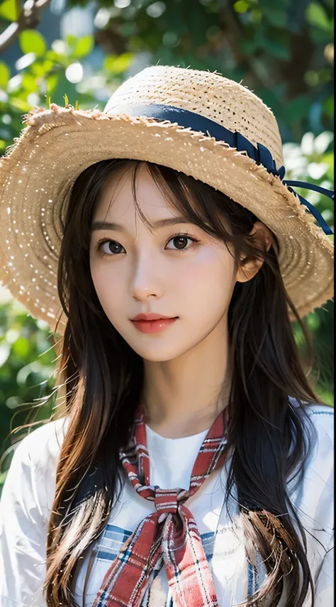 Long-haired woman in straw hat and white shirt, realism, Beautiful young Korean woman, Asian girl with long hair, Beautiful young Korean woman, Urzans, beautiful korean woman, Young cute asian face, korean girl, Young cute korean face, beautiful asian girl