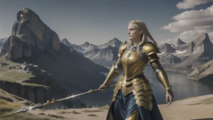 An official art masterpiece in 8k resolution, featuring a beautiful pale blonde  girl in ultra-detailed golden plate armors, standing triumphantly on a mountain top. The scene exudes high quality and best quality aesthetics, with a breathtakingly beautiful...