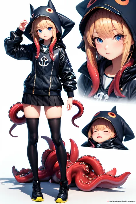 ((best quality)), ((masterpiece)), (detailed), perfect face, Full body persona，Anime two-dimensional，loli，Sly，3D modeling，Octopus hat，Cthulhu，virtual anchor，More accessories，short skirt，cyberpunk，high resolution，White background，A-type posture