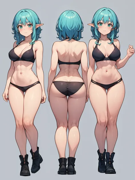 Adult goblin woman, light green skin, turquoise blue hair, long shapely and muscular legs, small waist, huge breasts, tight shorts, high stockings, tank top, black bra, boots, 8k, hd, masterpiece, full body, white background, character sketch in various pe...