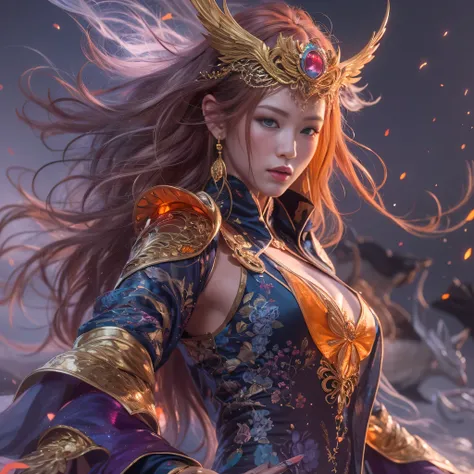 32k（masterpiece，HD，超HD，32k）Bright purple flowing hair，autumn pond，we disagree， a color， Asian （Michiko）， （silk scarf）， fighting stance， looking at the ground， Orange gradient long hair， Floating bright purple， Fire cloud gold headdress， Chinese long-sleeve...