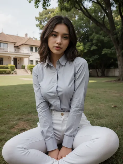 (extremely detailed, best quality) short wavy hair, Zahra Ayu 23 years old 160cm 55kg wearing grey plain button shirt, white sport pants. Bright face. sitting on the grass. Big breast jumbo. bright photo.