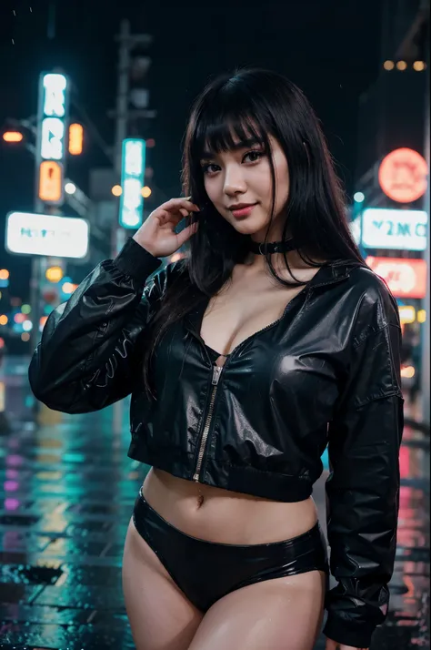 A beautiful Asian girl age 22 with dark hair, with bangs, makeup, full lips, big eyes, flirty smile, standing in the rain in a super futuristic cyberpunk city at night, neon lights, (colorful), bokeh, cinematic, detailed, dreamy, masterpiece, 8k