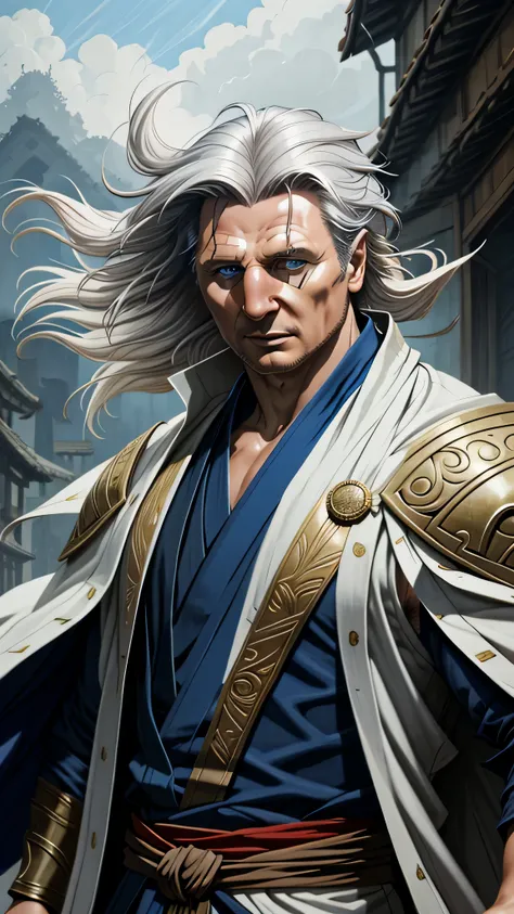 Liam Neeson as Fujin from Mortal Kombat, God of Wind, elements of air, tall and muscular figure, long, flowing white hair, bright blue eyes, traditional robe, accessories adorned with wind motifs, intricate, high detail, sharp focus, dramatic, photorealist...