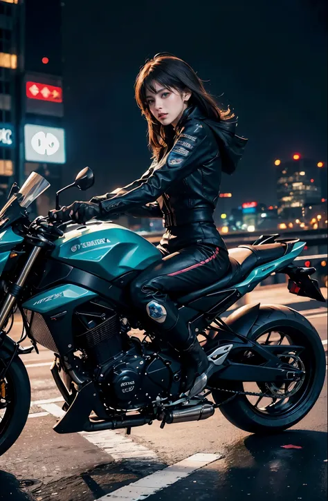 highest quality, masterpiece, photograph, 4K, photographrealistic, very detailed,
One girl riding a motorcycle, tech wear, cyberpunk city, alone, futuristic, With the Metropolitan Expressway in the background、background neon、wear open-chested clothes
