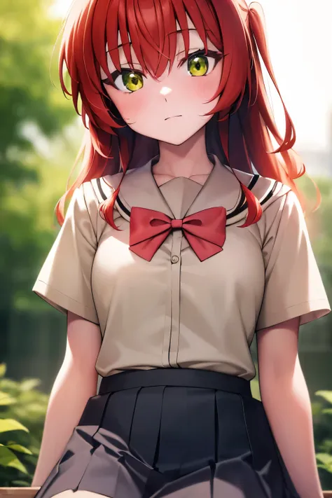 (masterpiece, best quality: 1.2), close-up photo, anime girl with red hair and white school shirt and red bow tie, yellow shirt ...