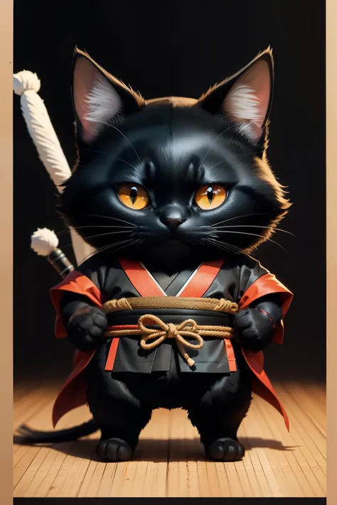 Black cat in the form of a Japanese samurai，line drawing，happy expression，With a big head，Cartoonish，whole body standing