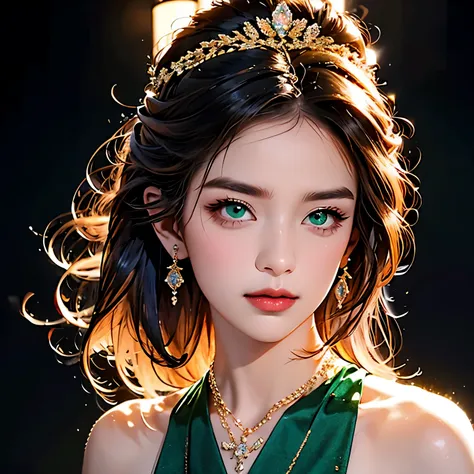 (masterpiece, best quality:1.2), 1 girl, one beautiful image in art ! amazing emerald eyes ! hair with golden streaks . silky sh...