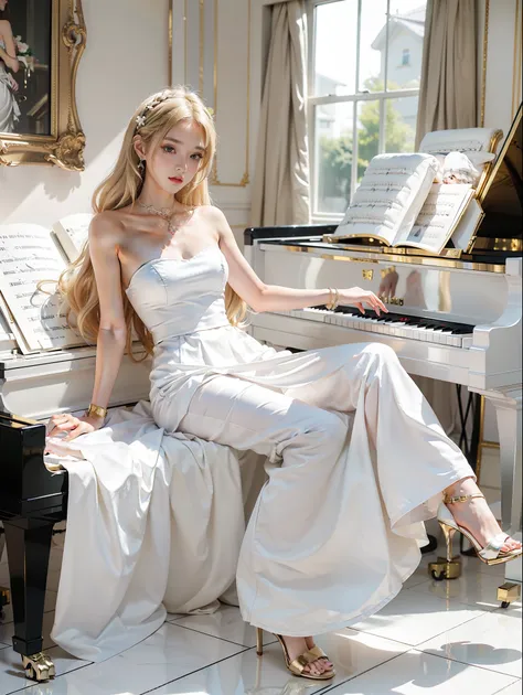 masterpiece, Extreme Quality, smooth skin, 8k, HD, 1 girl, blonde hair, black eyes, Gorgeous hairpin, White long skirt, Gorgeous, Golden decoration, white high heels, Accessories, Play the piano, Black piano, white piano chair, The ground is like a mirror,...