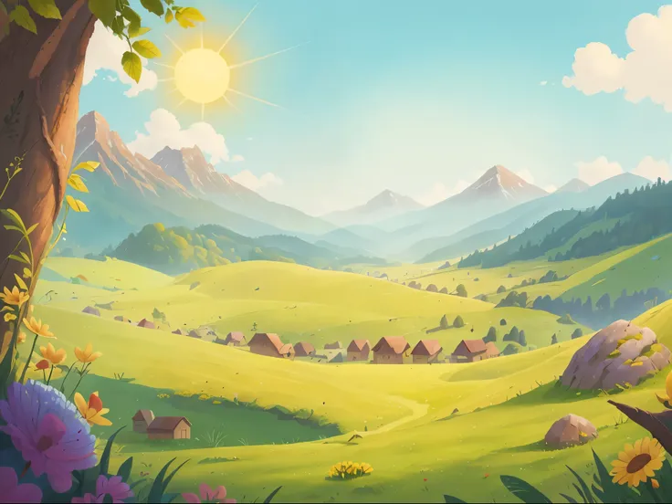 A landscape painting, grassland, sky, sun, cartoon, illustration, high-quality，no humans, outdoors, scenery, flower, grass, sky, sun, tree, day, mountain, cloud, blue sky, yellow flower, sunlight, nature, sunflower, landscape, field, mountainous horizon