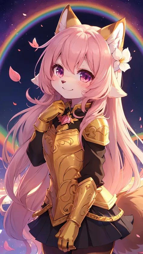 (fluffy anthro furry:1.5),(young:1.6),cat girl,pink long hair,smile,blush,gold armor with rainbow petal flower on chest,black mini skirt,gold graves,gold gloves with magical aura,starfall night background,light beam