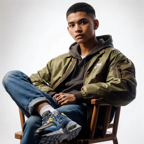 masterpiece of a 15 year old boy (Indonesian) brown skin, jacket, shaved hair in Short Caesar Cut style, wearing Nike (Air Max) shoes, sitting, in the studio, calm pose, very detailed, bright picture, bright white background, shooting, photography, realist...