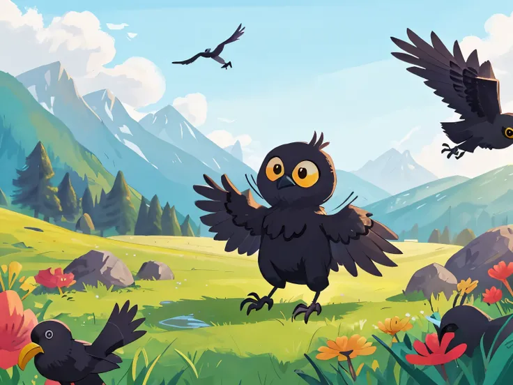 solo,(a crow flying in the sky:1.2), sun, grassland, distant mountains, sky, black crow, cartoon, anxious,close-up,Fable story: Crow drinking water, 