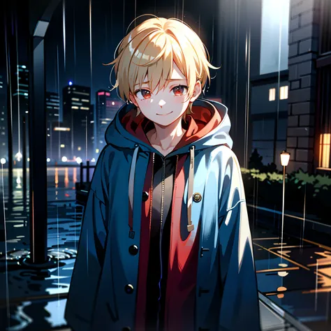 boy, 17 years, blonde hair, Red eyes, rain, looking down, smile, tears, blue raincoat, hood, city