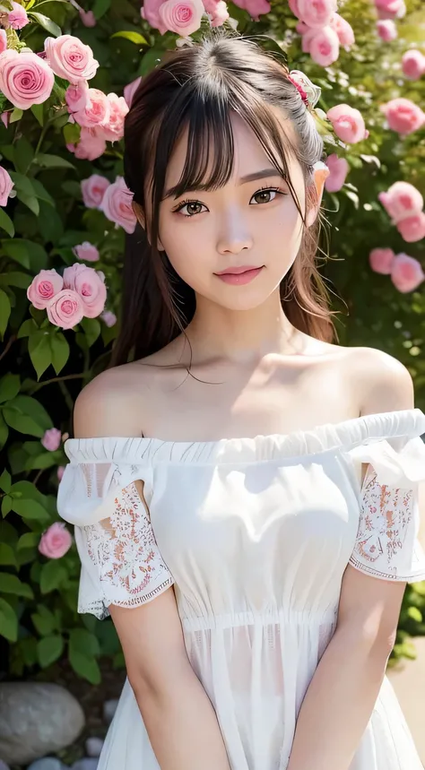 (off shoulder sheer summer dress), 15 years,  (japanese girl),  whole body, hair scrunchie, white skin, Japanese eyes, (smile), In a flower field covered with roses, sunset, rays of light at dusk,  (masterpiece),  (low contrast:1.1),    (highly detailed sk...