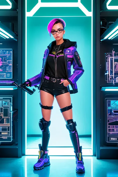 Shes confidently displaying her unique and intricately designed cybernetic enhancement, a bold embodiment of the cyberpunk subculture. With her neon-lit studio as a backdrop, the chibi-styled figure, donning oversized glasses and a nerdy lab coat, runs exc...