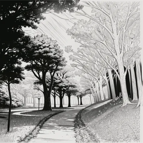 (masterpiece, best quality:1.2), (line drawing), ((monochrome)), cartoon style forest path