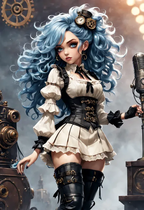 highly detailed female character named skye. she is 25 years old, from uk, has long blue hair, wearing a steampunk costume. her ...