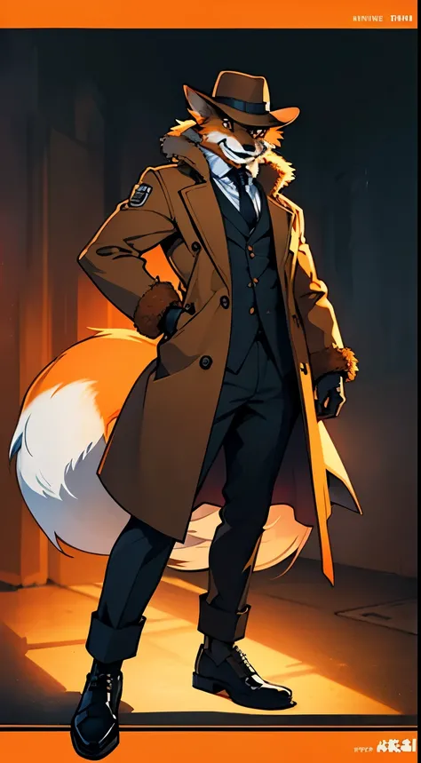 anthropomorphic orange fox character dressed as a detective, cinematography illumination, brown coat and brown hat, anime style, hyper-detailed, fox face, full body, hands showing, detective style, furry fox