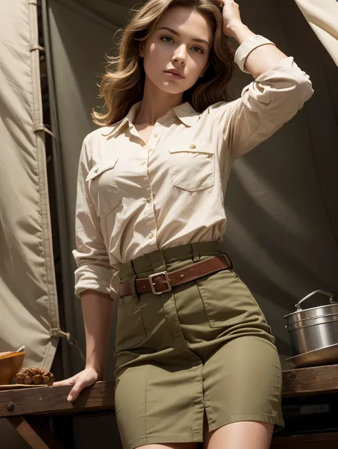 Wide angle. Masterpiece, Uhd, An adventuress from the 40s.cotton sand-colored shirt,  Khaki cotton army long skirt,  leather belt, army boots. She’s on the field, in an army tent. Perfect anatomy, perfect hair, perfect breast, perfect body, perfect hands, ...