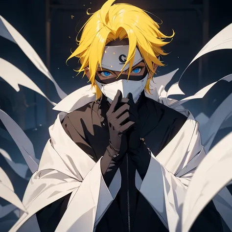 solo male, white robes, Blue eyes, black pants, black gloves, (Face full mask), Yellow hair, mask face, fantasy