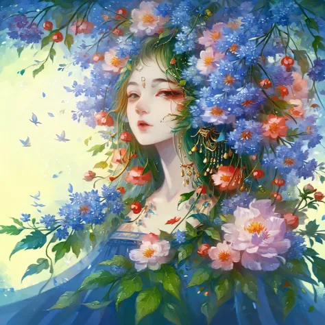 (best quality,4K,8k,high resolution,masterpiece:1.2),Super detailed,actual,portrait,flowers,woman,hair decorated with flowers,fantastic,illustration,inspired by Miho Hirano,Girl in the garden,portrait in a flower storm,Inspired by James Jean,dream of flowe...