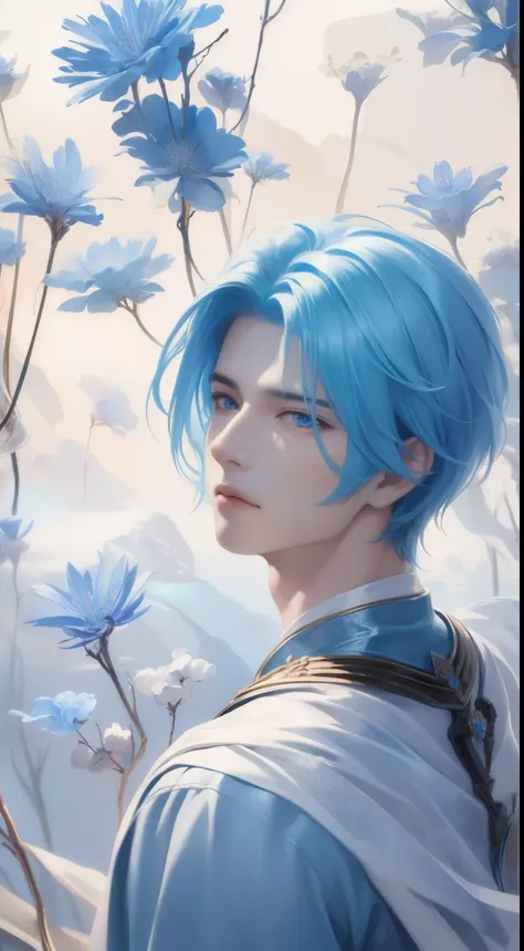 beautifully painted, high quality, Super detailed CG illustration of a young man with a calm expression, stare into the distance，His striking light blue hair blew gently in the desert breeze. The landscape behind him is vast and stunning, Taking viewers in...